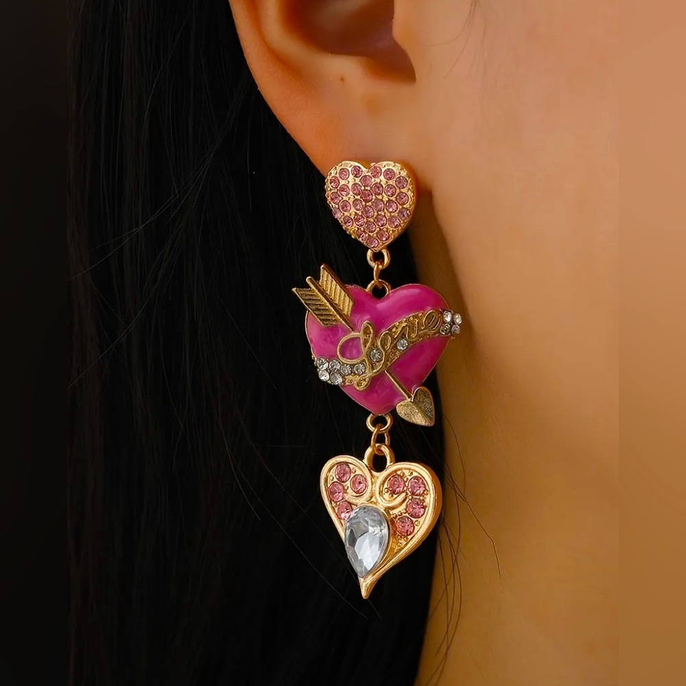 Pink and Gold Heart Drop Earrings